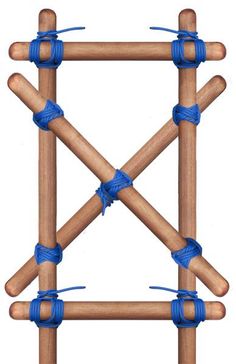 a wooden structure with blue ropes tied around the top and bottom ends on each side