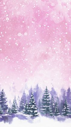 a painting of snow covered trees in front of a pink and purple sky with stars