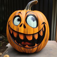 a pumpkin with eyes and mouth painted on it