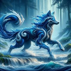 a painting of a blue wolf running through a forest with waterfalls and trees in the background