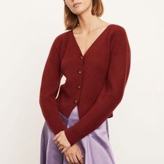 Vince Ribbed Open Neck Cashmere Cardigan Sweater In Currant Size: Large L Knit From Lightweight Plush Cashmere Sweeping Open Neckline Cutaway Split At The Bottom Jewel-Like Lucite Buttons 100% Cashmere Fitted Burgundy Cardigan For Fall, Heavy Knit Sweater, Shawl Collar Cardigan, Open Neck, Open Front Sweater, Sleeveless Cardigan, Ribbed Cardigan, Long Sweaters Cardigan, Cardigan Sweaters For Women