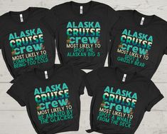 "These matching Alaska cruise most likely to family shirts are perfect for a family vacation, family reunion, girls trip or honeymoon cruise holiday. Buy it for yourself or as the perfect cruise gift. Alaska Cruise Most Likely to Cruise Shirts, Family Cruise Shirts, Funny Cruise Shirts, Matching Cruise Shirt, Group Cruise Shirts, Custom Cruise T-Shirts ⭐️HOW TO ORDER⭐️ Select your quantity of shirts in the specific colour/size and click \"ADD TO BASKET\"   Repeat as needed by returning to the listing button to add more shirts. Proceed to Checkout  Price is per shirt. Please add each shirt to your cart individually and then checkout. ⭐️Sizing⭐️ Our shirts come in unisex sizing, if you are after a more fitted look you may wish to size down, alternatively your usual size will have a looser fi Family Matching Tops With Letter Print, Cotton Short Sleeve T-shirt For Family Trip, Cotton Tops With Letter Print For Family Trip, Cotton T-shirt With Letter Print For Family Trip, Family Matching Short Sleeve Tops For Family Trip, Black Crew Neck Top For Family Vacation, Casual Cotton Top For Family Trip, Black Crew Neck Top For Family Outings, Family Matching Shirt For Family Vacation