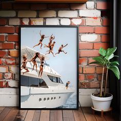 a group of people jumping off the back of a boat