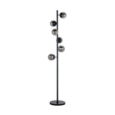 a black metal floor lamp with five balls on the top and four lights on the bottom