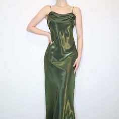 Green Cowl Neck Prom Dress Cowl Neck Prom Dress, 90s Formal Dress, Black Satin Slip Dress, 2000s Dress, Fairy Grunge Aesthetic, Blazer And Skirt Set, Fairy Aesthetic, Tiered Maxi Skirt, White Off Shoulder