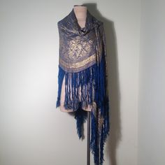 "This is an extraordinarily beautiful 1920's Art Deco rich blue lapis and gold lamé shawl in an abstract design, so indicative of the period. The shawl measures 47\" square, excluding its 13\" silk fringe which surround each of its four sides. In excellent vintage condition and would make the perfect accessory for any special occasion. Made of silk and metallic thread. Vintage garments have been previously worn and lovingly cared for, they may however have a blemish or two. Here at MadelonVintag Bohemian Blue Shawl For Weddings, Elegant Blue Shawl For Festive Occasions, Blue Bohemian Shawl For Festivals, Silk Chiffon Dress, Gold Lame, Lapis Blue, Beaded Bodice, 1920s Art Deco, Silk Shawl