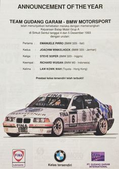 an advertisement for the bmw race car in malaysia, with information about its paint scheme