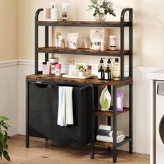 a bathroom shelf with various items on it and a washer dryer in the background