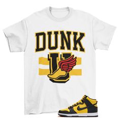 Dunk University Dunk High Reverse Goldenrod Sneaker Matching Tee Shirt  The unisex heavy cotton tee is the basic staple of any wardrobe. It is the foundation upon which casual fashion grows. All it needs is a personalized design to elevate things to profitability. The specially spun fibers provide a smooth surface for premium printing vividity and sharpness. No side seams mean there are no itchy interruptions under the arms. The shoulders have tape for improved durability.\n.: 100% cotton (fiber content may vary for different colors)\n.: Medium fabric (5.3 oz/yd² (180 g/mn.: Classic fit\n.: Tear-away label\n.: Runs true to size Our custom designs are printed on Gildan t-shirts/sweatshirts. This is a custom item. We do not start production on this item until you make your purchase. *Please Throwback Cotton Top For Streetwear, Fan Apparel Letter Print Shirt For Streetwear, Yellow Pre-shrunk Tops For Fan Merchandise, Cotton Streetwear Shirt With Logo Print, Throwback Cotton T-shirt With Letter Print, Hip Hop Cotton Shirt With Logo Print, Throwback Relaxed Fit Crew Neck T-shirt, Throwback Streetwear T-shirt, Pre-shrunk, Throwback Cotton T-shirt For Streetwear