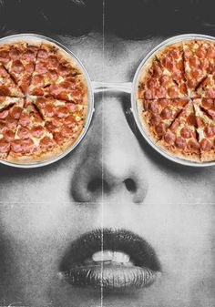 a woman's face with glasses and pizza slices in front of her eyes,