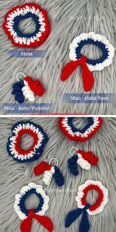 crocheted patriotic wreaths with red, white and blue ribbons are shown in three different sizes