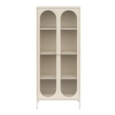 a white bookcase with two doors and shelves