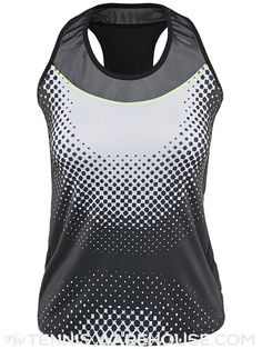 a women's black and white tank top with dots on the front, side view