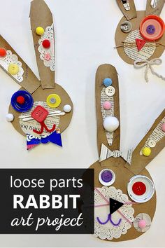 two paper rabbits made out of crafting materials with text overlay reading loose parts rabbit art project