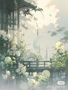 an anime scene with white flowers and a bridge in the foreground, surrounded by greenery