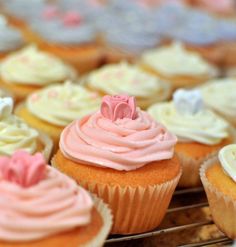 cupcakes with pink and white frosting sitting on a cooling rack in a bakery