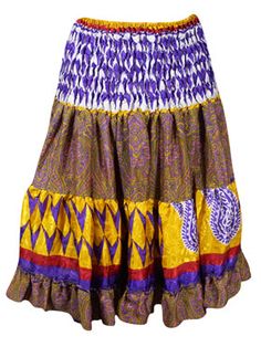 Womens Summer Ruched Skirt Purple, Green Floral Beach Recycle Silk Skirts S/M Chic Travel Style, Silk Skirts, Purple And Brown, Skirt Purple, Bohemian Vibes, Ruched Skirt, Boho Pants, Saree Fabric, Summer Events