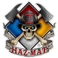 a skull wearing a fireman's hat with two crossed axes on it and the words hazardous materials