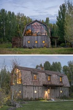 two pictures side by side of a barn with windows