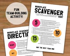 three different flyers with the words workplace scavenger written in black and white on them