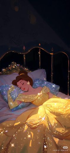 a princess sleeping in her bed with the lights shining on her head and arms behind her