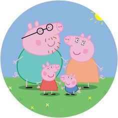 peppa pig family standing next to each other in front of an oval shaped frame