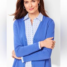 A Timeless Classic Revamped With A Feminine V-Neck And A Figure-Flattering Curved Hem. Our Girlfriend Cardigan Is A Wardrobe Staple And A Must-Have In Every Color! Missy: 27.5", Petite: 26.5", Plus: 29.5", Plus Petite 28" Neckline: V-Neck Sleeve Length: Long Hits: Below Hip Length Imported 60% Cotton, 40% Rayon Elegant Blue V-neck Cardigan, Blue Button-up Cardigan For Layering, Blue V-neck Cardigan, Blue V-neck Cardigan For Daywear, Blue Winter Tops For Daywear, Blue Winter Daywear Top, Talbots Sweater, Hip Length, Timeless Classic