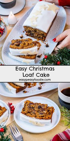 easy christmas loaf cake with white frosting and cranberry toppings on plates