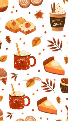 autumn seamless pattern with cupcakes, cake and leaves on white background stock photo