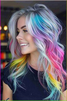 Pastel Roots Blonde Hair, Colored Hair And Eyebrows, Black With Rainbow Hair, Rainbow Hair Placement, Rainbow And Blonde Hair, Rainbow Highlights In Brown Hair, New Hair Color Ideas For Blondes, Blonde Hair With Pop Of Color, Blonde Hair With Color