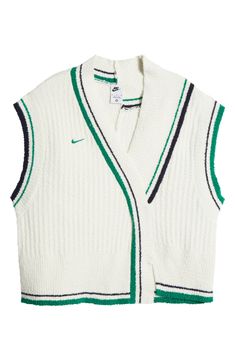 Asymmetric lines, sporty stripes and an oversized fit elevate this softly ribbed sweater-vest finished with an embroidered Swoosh at the chest. 24" length (size Medium) V-neck 95% polyester, 4% nylon, 1% elastane Machine wash, line dry Imported Luxury Streetwear Track Jacket With Ribbed Collar, Luxury Ribbed Short Sleeve Polo Sweater, Luxury Short Sleeve Ribbed Polo Sweater, Cheap Crew Neck Polo Shirt For Streetwear, Alexander Wang Carrot Pant, Sporty Spring Sweater For Layering, Sporty Ribbed Sweater For Spring, Sporty Ribbed Spring Sweater, Sporty Knit Sweater For Spring