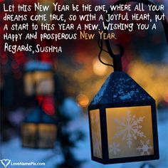 two lanterns with snowflakes hanging from them in front of a christmas tree and the words let this new year be the one, where all your dreams come