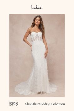 a woman in a white wedding dress with the words, shop the wedding collection