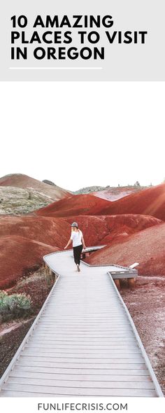 a woman standing on a bridge over water with the words 10 amazing places to visit in oregon