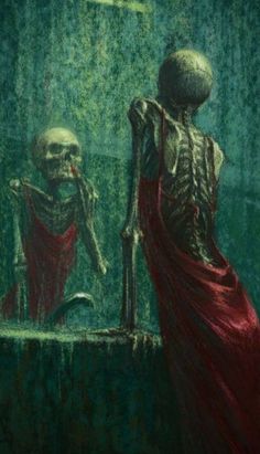 a painting of two skeletons standing next to each other