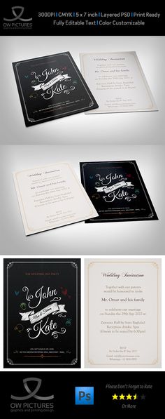 the wedding card is shown in three different colors and font styles, including black and white