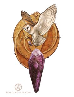 an owl flying over a purple crystal on top of a white background