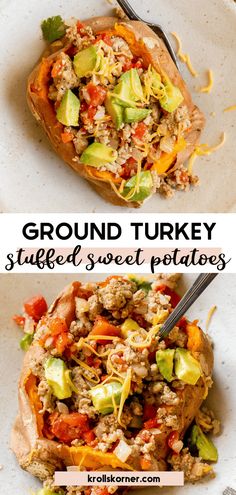 two pictures of stuffed sweet potatoes with ground turkey and avocado on top, one has