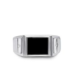 Solid 14K White Gold Estate Geometric Modern Design Mens Onyx and Diamond Ring Formal Sterling Silver Signet Ring With Rectangular Stone, Modernist Rectangular Signet Ring For Anniversary, Modern White Gold Rings With Rectangular Stone, Modern White Gold Ring With Rectangular Stone, Modern Rectangular White Gold Ring, Modern White Gold Rectangular Ring, Modern White Gold Rectangular Signet Ring, Modern Signet Ring With Rectangular Stone For Formal Occasions, Modern Signet Ring With Rectangular Stone And Polished Finish