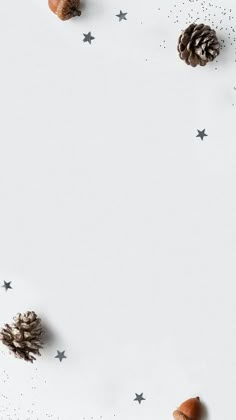 pine cones and star shaped confetti on a white surface with stars around them