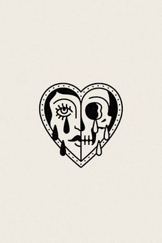 a black and white drawing of a heart with two faces in the shape of a skull