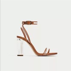 Zara Brown Ankle Strap Sandal With Clear Heel Heel Height Is 3.3 “ - Brand New Comes With Dust Bag Summer Formal Sandals With Clear Strap, Formal Sandals With Clear Strap For Summer, Brown Wrapped Heel Sandals For Party, Party Sandals With Wrapped Heel In Brown, Party Brown Sandals With Wrapped Heel, Brown Party Sandals With Wrapped Heel, Elegant Brown Sandals For Beach, Elegant Sandals With Clear Strap And Open Heel, Chic High Heel Sandals With Clear Strap