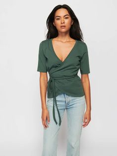 Bianca Wrap Tee - Jade Stone | NATION LTD Versatile Spring T-shirt For Casual Gatherings, Versatile V-neck T-shirt For Fall, Trendy Stretch Wrap Tops, Casual Stretch V-neck Wrap Top, Casual V-neck Stretch Wrap Top, Effortless Short Sleeve Tops For Fall, Trendy Wrap Top For Day Out, Casual Wrap Top For Day Out, Versatile V-neck Top For Casual Gatherings