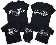 Dadcula Momster and Little Monster, Matching Halloween Family Shirts, Halloween Party T-shirts, Funny Halloween Tees, Spooky Season Gift Hi There!  We use one of the best quality t-shirt brands out there! Bella Canvas, Gildan Soft Style, Super comfy, cozy and oh so soft! :  * All Solid Color T-SHIRTS are 100% Cotton.  * All Heather Color T-SHIRTS and All Sweatshirts are combined with cotton and poly mix which makes them extra soft and so comfortable!s are combined with cotton and poly mix which Black Family Matching Tops With Character Print, Family Matching Black Tops With Character Print, Customizable Fun Black T-shirt, Family Matching Halloween Tops Short Sleeve, Black Long Sleeve T-shirt For Costume Party, Black Long Sleeve T-shirt For Family Matching, Black Family Matching Tops For Fall, Family Matching Black Tops For Fall, Funny Black T-shirt With Name Print