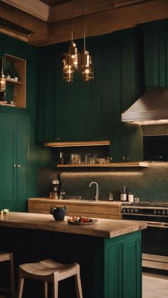 a kitchen with green cabinets and an island in front of a stove top oven next to two stools