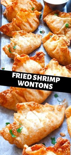 fried shrimp wontons on a baking sheet with dipping sauce in the background and text overlay that reads fried shrimp wontons