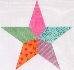 a cross stitched star with hearts and stripes on the bottom, in bright colors