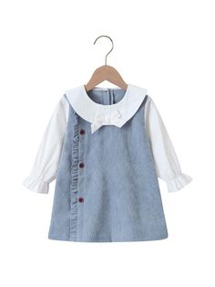 Cute Button Dresses For Fall, Long Sleeve Ruffled Dress For School, Cute Buttoned Fall Dresses, Cute Fall Dresses With Buttons, Long Sleeve Winter School Dress, White Long Sleeve School Dress, Long Sleeve Cotton School Dress, Cute Blue Dresses With Button Closure, Cute Blue Dress With Button Closure