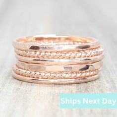 Beautiful mix of stacking rings. Rings are 14K rose gold filled. Slim stackable rings. Set of 6. Gold option is 14k gold filled and silver option is .925 sterling silver. Bands are approximately 1.3-1.5mm each. If you don't see your size please feel free to message me. All orders ship in a gift box. If you are ordering multiple items and want them boxed separately, please let me know in the notes at checkout. I ship via USPS. Please review the estimated delivery date and processing times. Proces Rose Gold Stackable Midi Promise Rings, Stackable Rose Gold Midi Rings For Weddings, Rose Gold Stackable Midi Rings, Rose Gold Rings, Silver Bands, Gold Stacking Ring, Hammered Band, Stacking Ring Set, Rings Rings