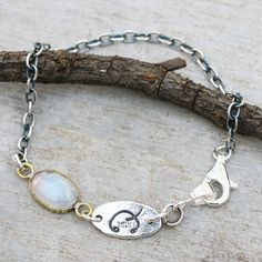 Bracelet oval cabochon moonstone in brass bezel setting and oxidized sterling silver chain - Metal Studio Jewelry Studio Jewelry, Tarnished Jewelry, Chiang Mai Thailand, Handcrafted Bracelets, Textured Ring, Moonstone Earrings, Moonstone Jewelry, Oxidized Sterling Silver, Chiang Mai